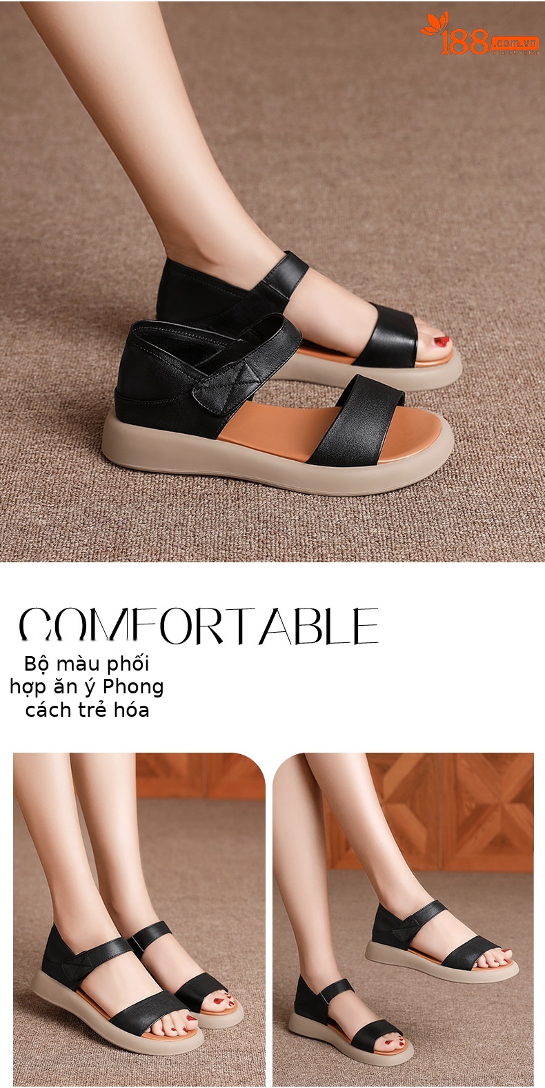 Dép sandal La Mã nữ quai chữ V đế bằng Velcro mềm mại mùa hè — Màu đen chi tiết 17