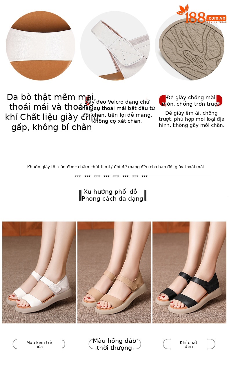 Dép sandal La Mã nữ quai chữ V đế bằng Velcro mềm mại mùa hè — Màu đen chi tiết 5