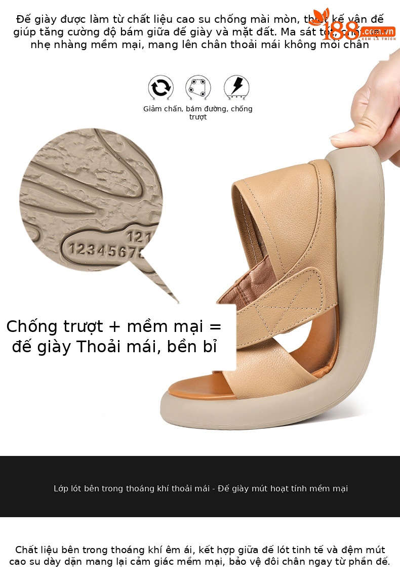 Dép sandal La Mã nữ quai chữ V đế bằng Velcro mềm mại mùa hè — Màu đen chi tiết 7