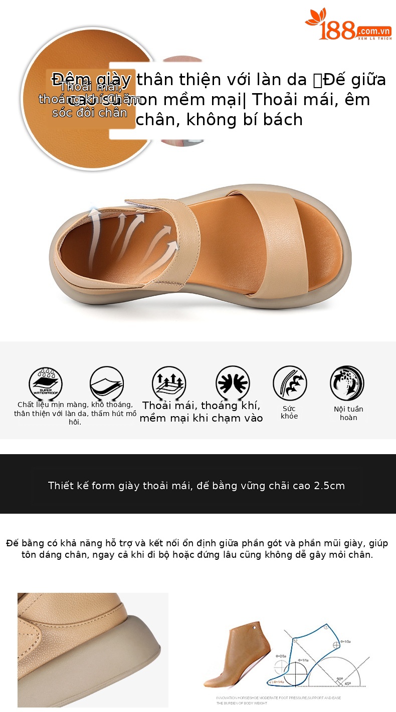 Dép sandal La Mã nữ quai chữ V đế bằng Velcro mềm mại mùa hè — Màu đen chi tiết 8