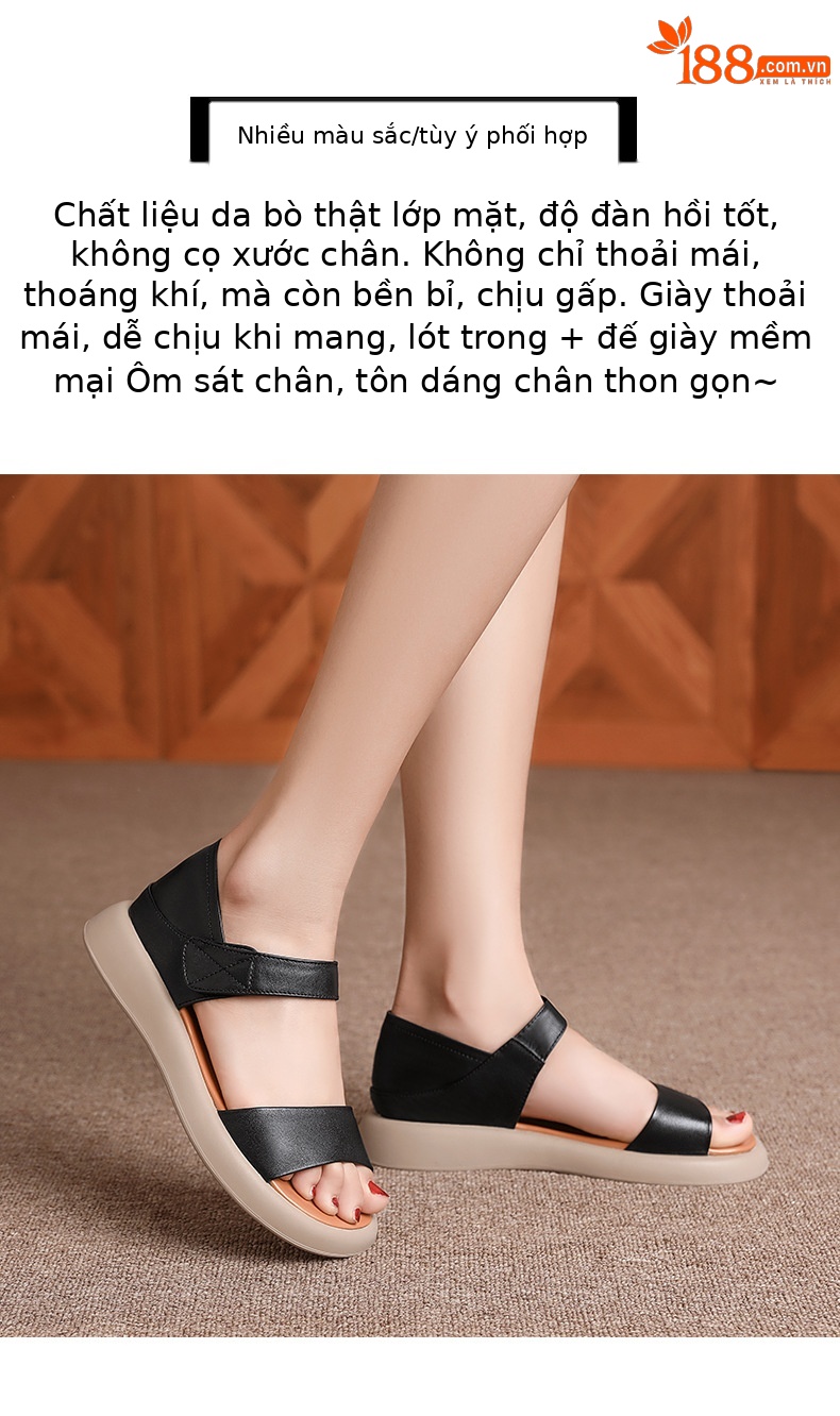 Dép sandal La Mã nữ quai chữ V đế bằng Velcro mềm mại mùa hè — Màu đen chi tiết 19