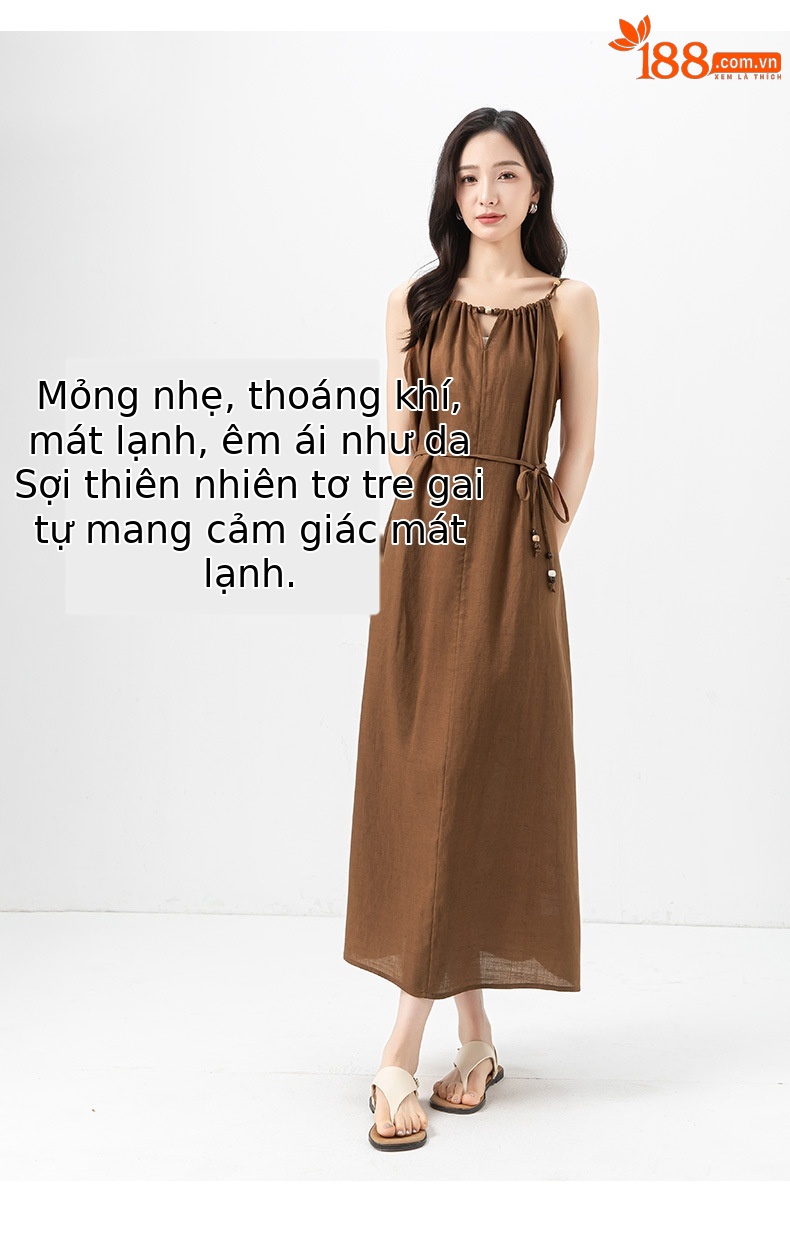 Váy maxi hai dây đính cườm phong cách nghỉ dưỡng, dáng chữ A rộng rãi, chất Tencel phối sợi gai mỏng mùa hè — Màu caramel chi tiết 10