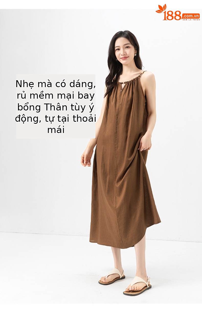 Váy maxi hai dây đính cườm phong cách nghỉ dưỡng, dáng chữ A rộng rãi, chất Tencel phối sợi gai mỏng mùa hè — Màu caramel chi tiết 11