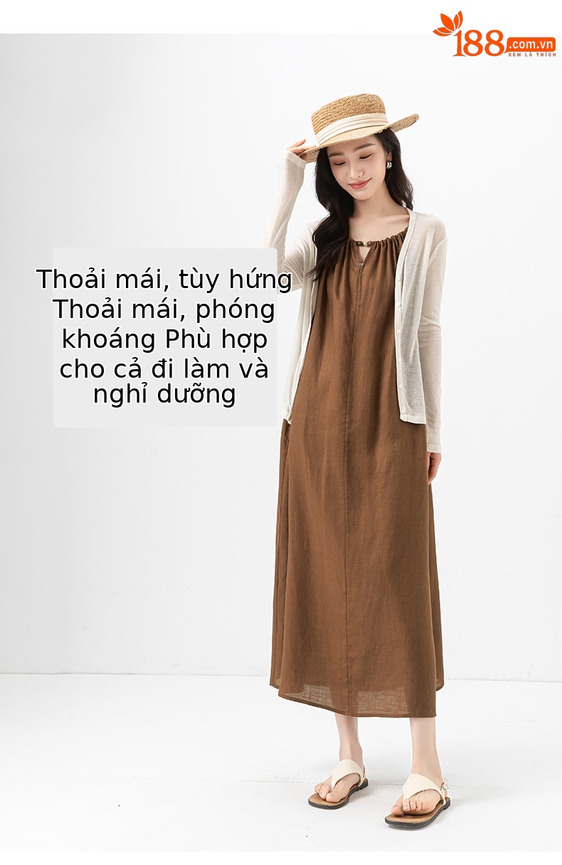 Váy maxi hai dây đính cườm phong cách nghỉ dưỡng, dáng chữ A rộng rãi, chất Tencel phối sợi gai mỏng mùa hè — Màu caramel chi tiết 14