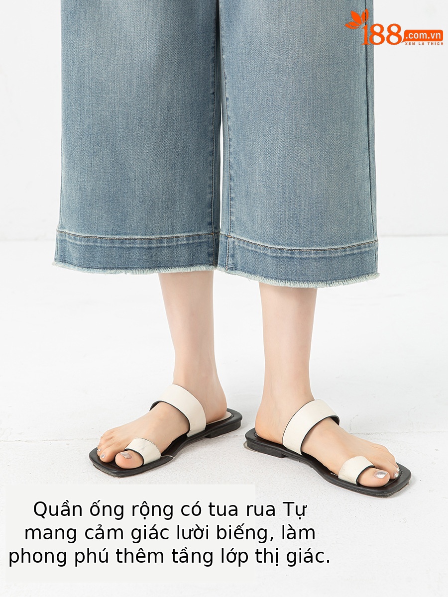 Quần ống rộng nữ cạp cao viền tua rua dáng suông mùa hè — màu xanh