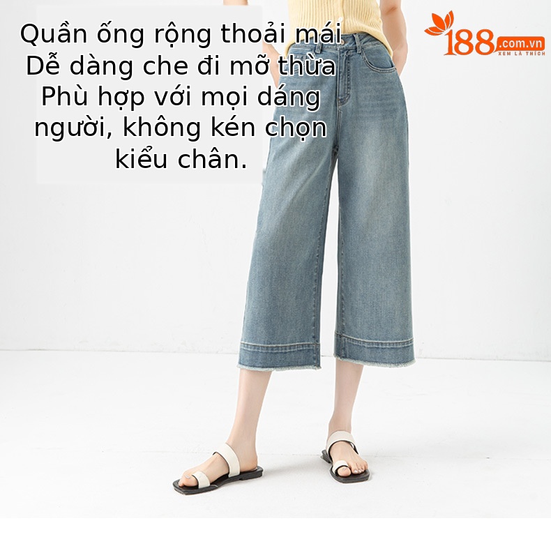 Quần ống rộng nữ cạp cao viền tua rua dáng suông mùa hè — màu xanh chi tiết 9