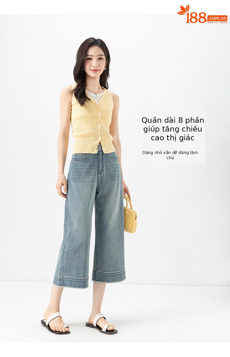 Quần ống rộng nữ cạp cao viền tua rua dáng suông mùa hè — màu xanh chi tiết 10