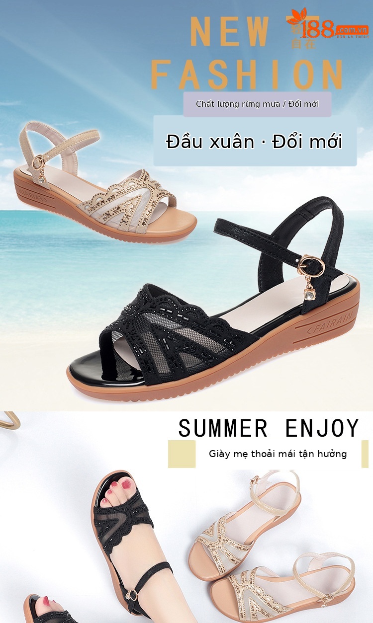 Sandal đế xuồng nữ da thật mùa hè, đế mềm êm chân, size lớn — đen chi tiết 1