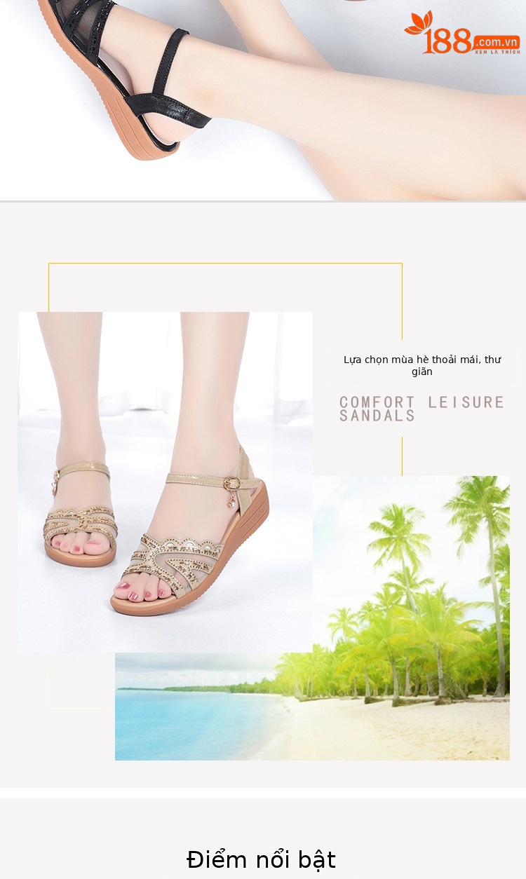 Sandal đế xuồng nữ da thật mùa hè, đế mềm êm chân, size lớn — đen chi tiết 2