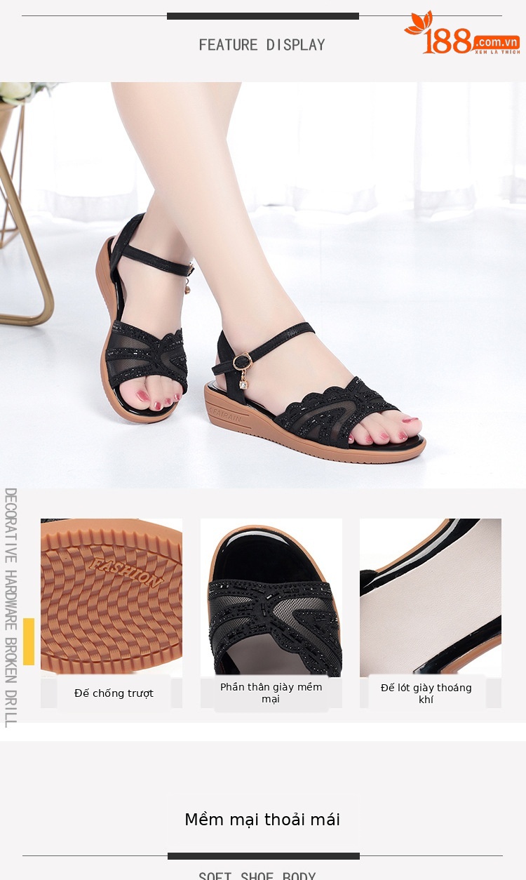 Sandal đế xuồng nữ da thật mùa hè, đế mềm êm chân, size lớn — đen chi tiết 3