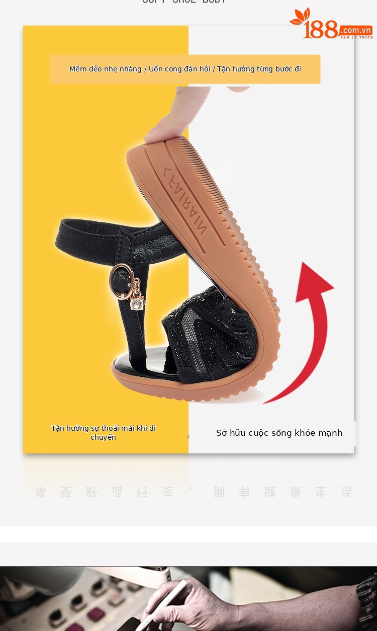 Sandal đế xuồng nữ da thật mùa hè, đế mềm êm chân, size lớn — đen chi tiết 4