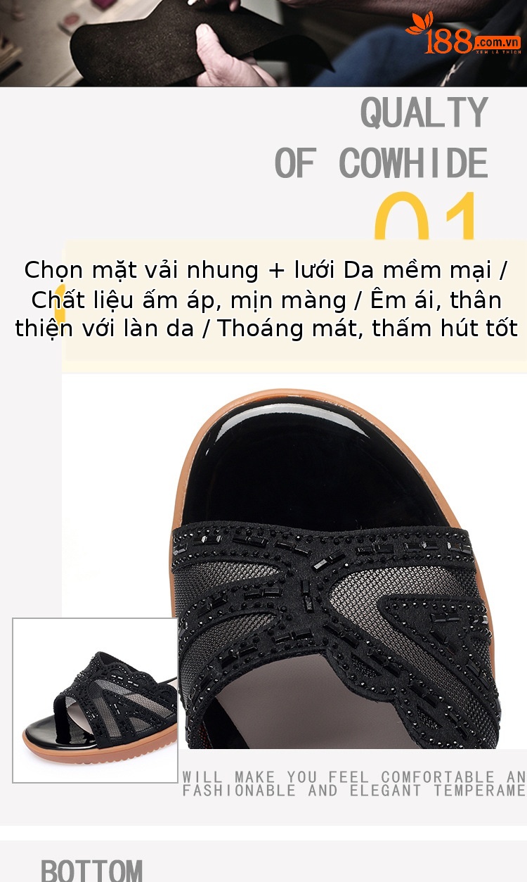 Sandal đế xuồng nữ da thật mùa hè, đế mềm êm chân, size lớn — đen chi tiết 5