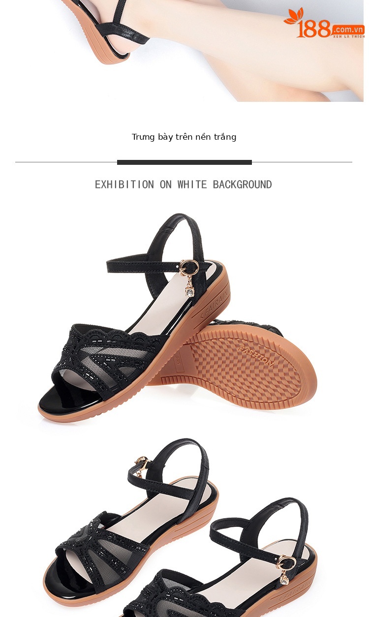 Sandal đế xuồng nữ da thật mùa hè, đế mềm êm chân, size lớn — đen chi tiết 15