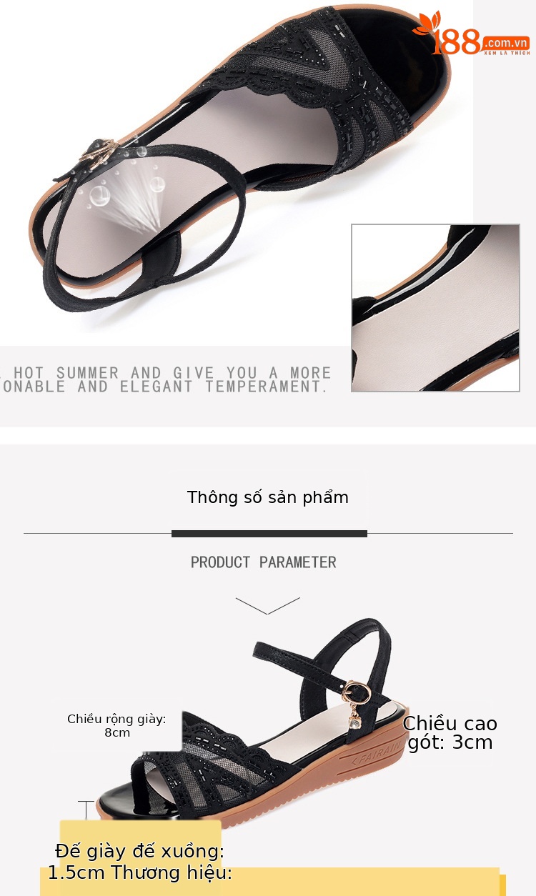 Sandal đế xuồng nữ da thật mùa hè, đế mềm êm chân, size lớn — đen chi tiết 8