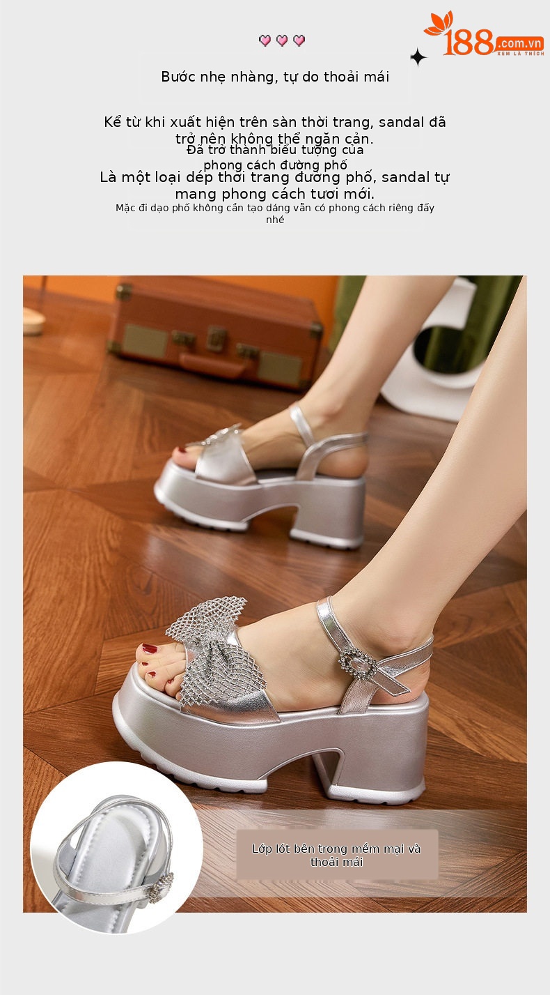 Sandal cao gót nữ hở mũi đính đá lấp lánh gót cao 9 cm — Bạc, Đen chi tiết 5
