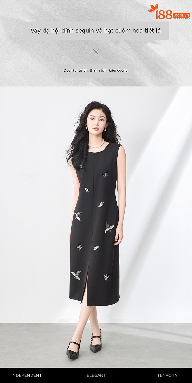 Váy liền thân nữ cổ tròn không tay đính hạt sequins tôn dáng — Màu đen chi tiết 1