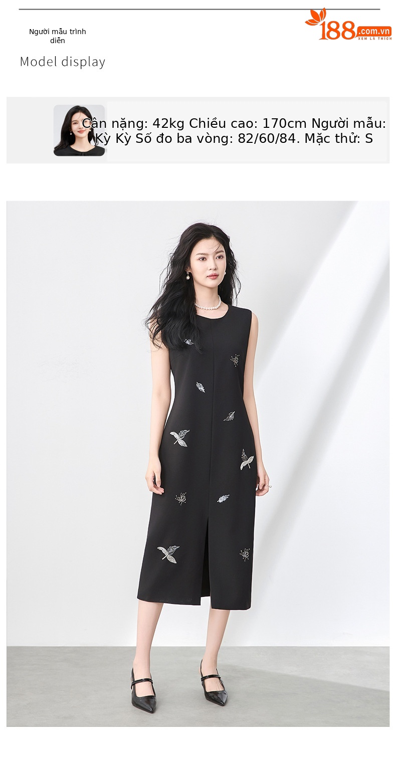 Váy liền thân nữ cổ tròn không tay đính hạt sequins tôn dáng — Màu đen chi tiết 6
