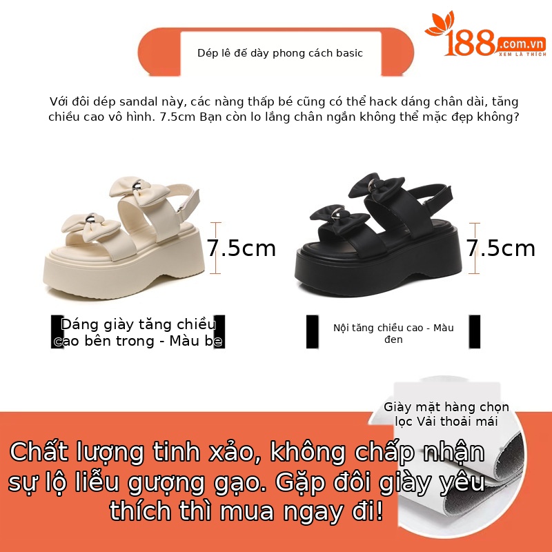 Sandal đế dày tăng chiều cao nữ phong cách La Mã đính nơ mùa hè 2025 — Màu be, Màu đen