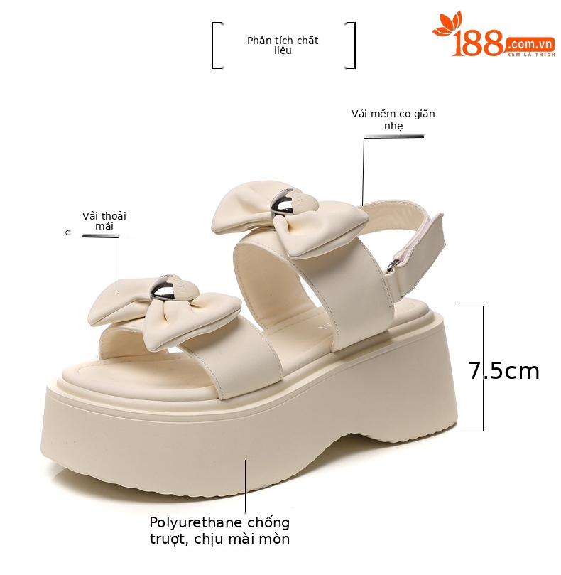 Sandal đế dày tăng chiều cao nữ phong cách La Mã đính nơ mùa hè 2025 — Màu be, Màu đen chi tiết 3