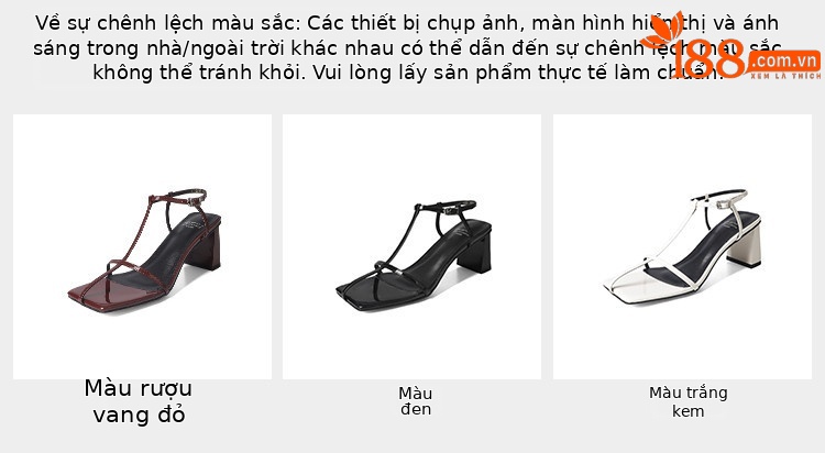 Sandal cao gót nữ quai chữ T mảnh khóa vuông mũi hở gót vuông — đen, màu đỏ tía, Màu trắng nhạt chi tiết 2
