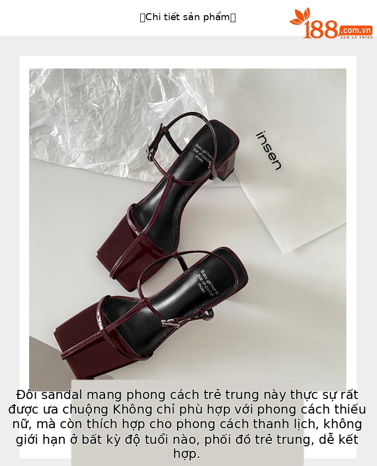 Sandal cao gót nữ quai chữ T mảnh khóa vuông mũi hở gót vuông — đen, màu đỏ tía, Màu trắng nhạt chi tiết 4