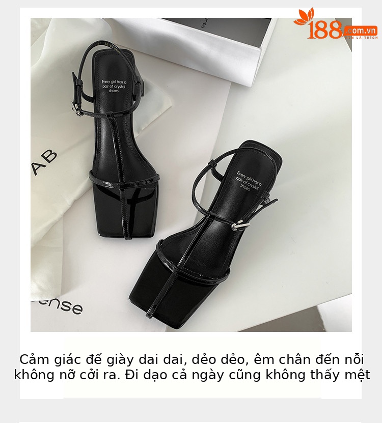 Sandal cao gót nữ quai chữ T mảnh khóa vuông mũi hở gót vuông — đen, màu đỏ tía, Màu trắng nhạt chi tiết 5