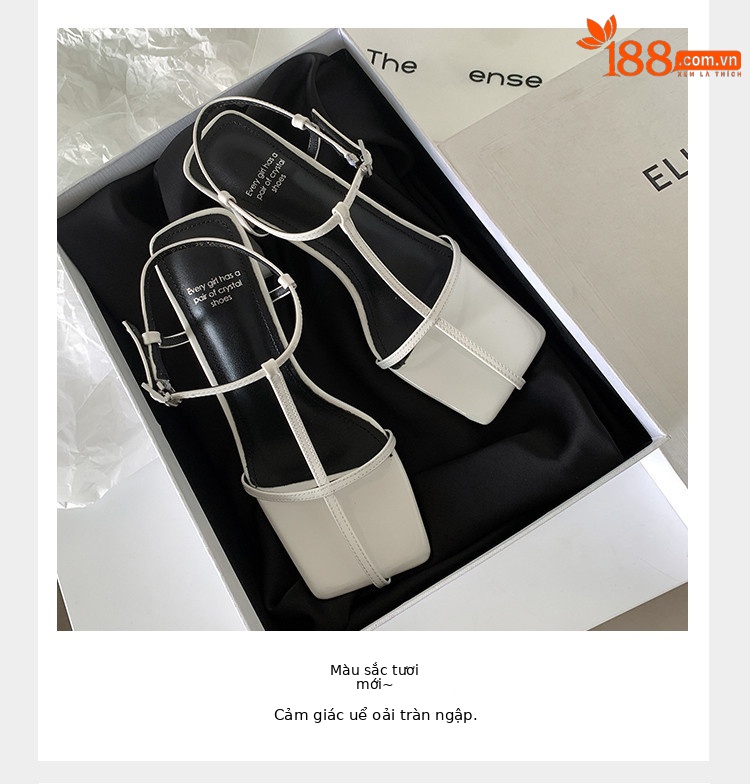 Sandal cao gót nữ quai chữ T mảnh khóa vuông mũi hở gót vuông — đen, màu đỏ tía, Màu trắng nhạt chi tiết 6