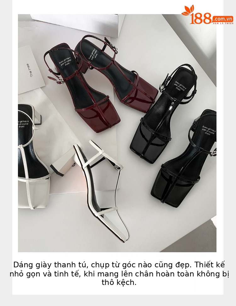 Sandal cao gót nữ quai chữ T mảnh khóa vuông mũi hở gót vuông — đen, màu đỏ tía, Màu trắng nhạt chi tiết 8