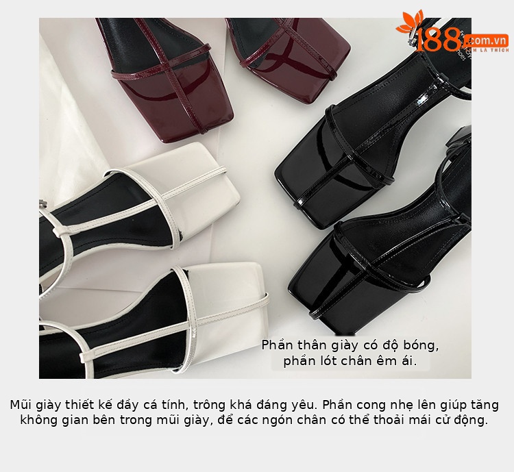 Sandal cao gót nữ quai chữ T mảnh khóa vuông mũi hở gót vuông — đen, màu đỏ tía, Màu trắng nhạt chi tiết 9
