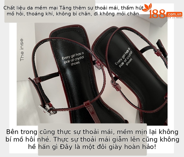Sandal cao gót nữ quai chữ T mảnh khóa vuông mũi hở gót vuông — đen, màu đỏ tía, Màu trắng nhạt chi tiết 10