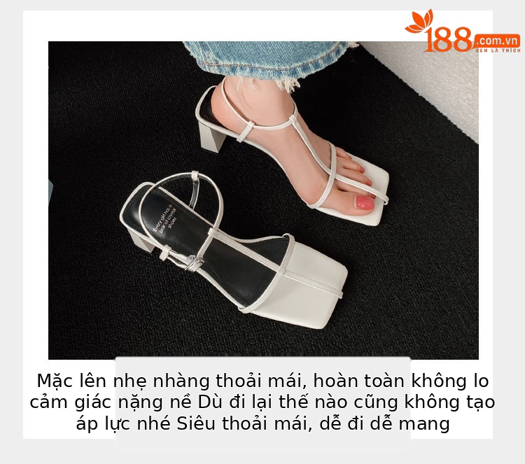 Sandal cao gót nữ quai chữ T mảnh khóa vuông mũi hở gót vuông — đen, màu đỏ tía, Màu trắng nhạt chi tiết 12