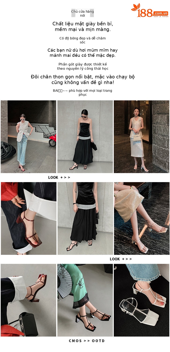 Sandal cao gót nữ quai chữ T mảnh khóa vuông mũi hở gót vuông — đen, màu đỏ tía, Màu trắng nhạt chi tiết 1