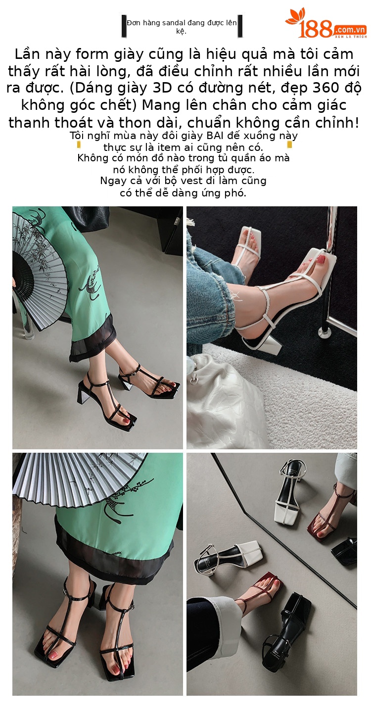 Sandal cao gót nữ quai chữ T mảnh khóa vuông mũi hở gót vuông — đen, màu đỏ tía, Màu trắng nhạt chi tiết 3