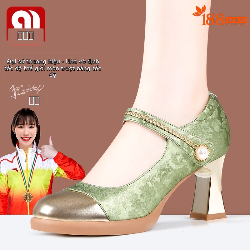 Giày sandal cao gót nữ quai ngang phong cách Trung Hoa, gót 7 cm, mũi nhọn phối màu — mơ 7cm, Màu xanh lá cây 7cm
