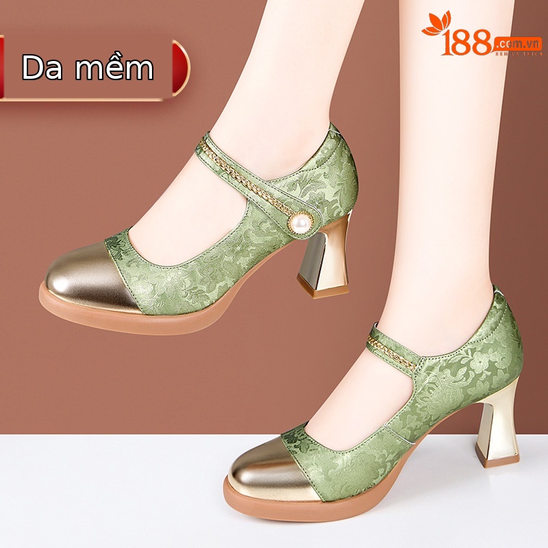 Giày sandal cao gót nữ quai ngang phong cách Trung Hoa, gót 7 cm, mũi nhọn phối màu — mơ 7cm, Màu xanh lá cây 7cm