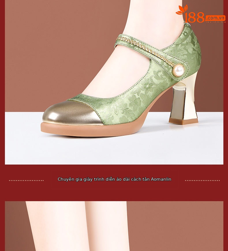 Giày sandal cao gót nữ quai ngang phong cách Trung Hoa, gót 7 cm, mũi nhọn phối màu — mơ 7cm, Màu xanh lá cây 7cm chi tiết 8