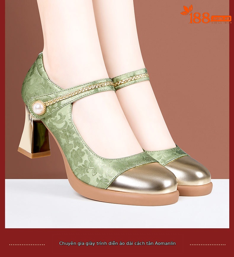 Giày sandal cao gót nữ quai ngang phong cách Trung Hoa, gót 7 cm, mũi nhọn phối màu — mơ 7cm, Màu xanh lá cây 7cm chi tiết 9