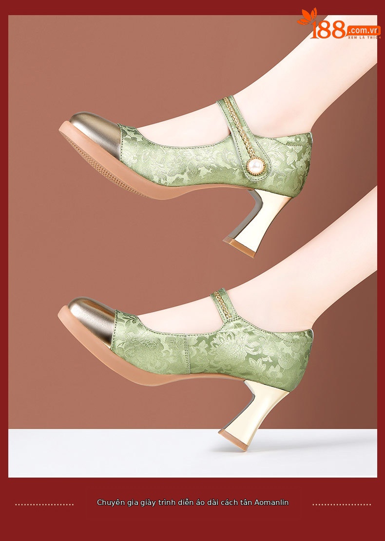 Giày sandal cao gót nữ quai ngang phong cách Trung Hoa, gót 7 cm, mũi nhọn phối màu — mơ 7cm, Màu xanh lá cây 7cm chi tiết 10
