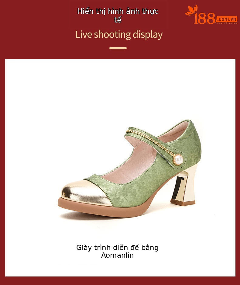 Giày sandal cao gót nữ quai ngang phong cách Trung Hoa, gót 7 cm, mũi nhọn phối màu — mơ 7cm, Màu xanh lá cây 7cm chi tiết 15