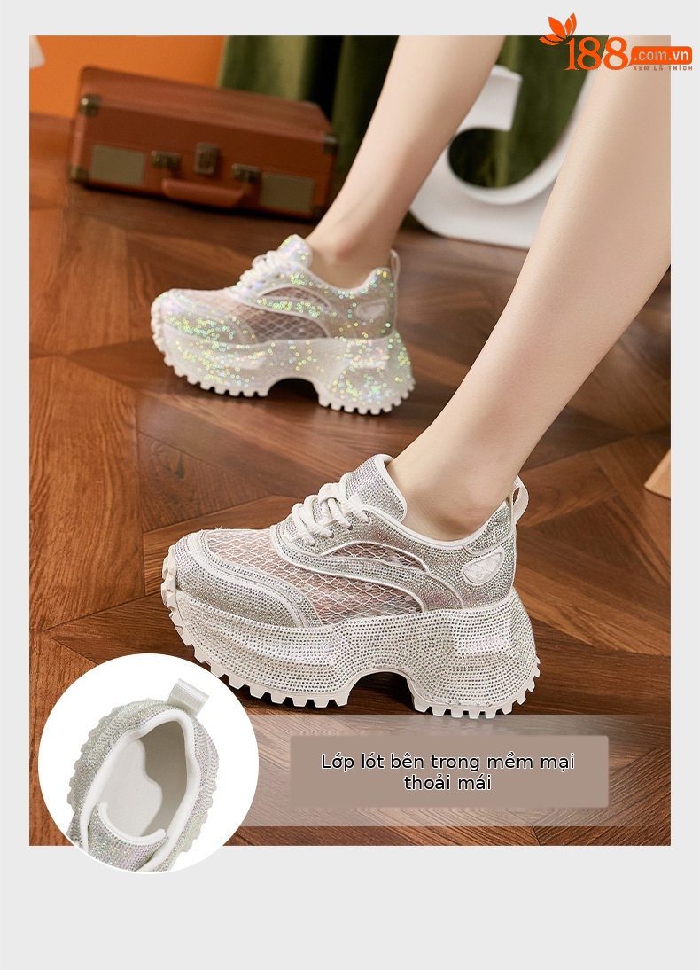 Sandal cao gót nữ hở mũi đính đá rhinestone, gót siêu cao 8 cm, quai trước dây buộc — Xám bạc, Trắng, Đen chi tiết 5