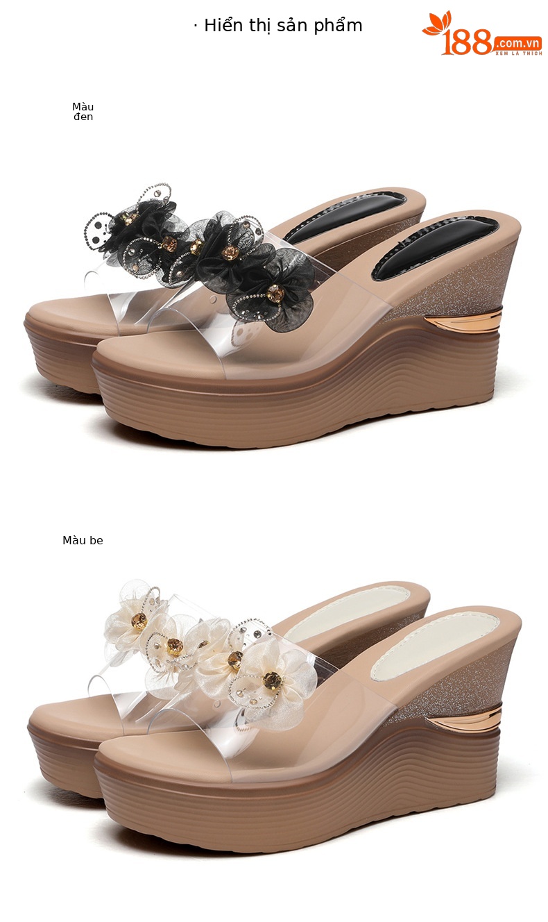 Dép sandal cao gót nữ đế xuồng đính đá kim tuyến trong suốt gót 9 cm — 7210 màu be, 7210 Màu đen chi tiết 18