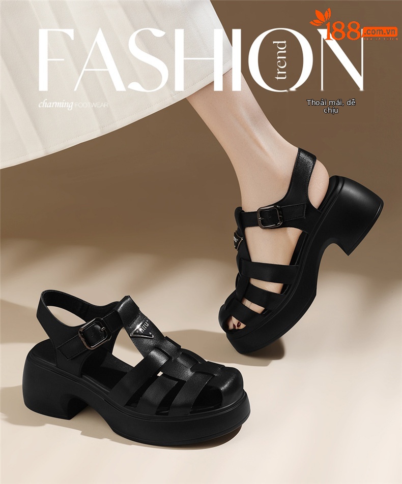 Sandal cao gót nữ da bò thật dệt mũi hở gót dày siêu nhẹ — 7176 màu đen, 7176m màu chi tiết 1
