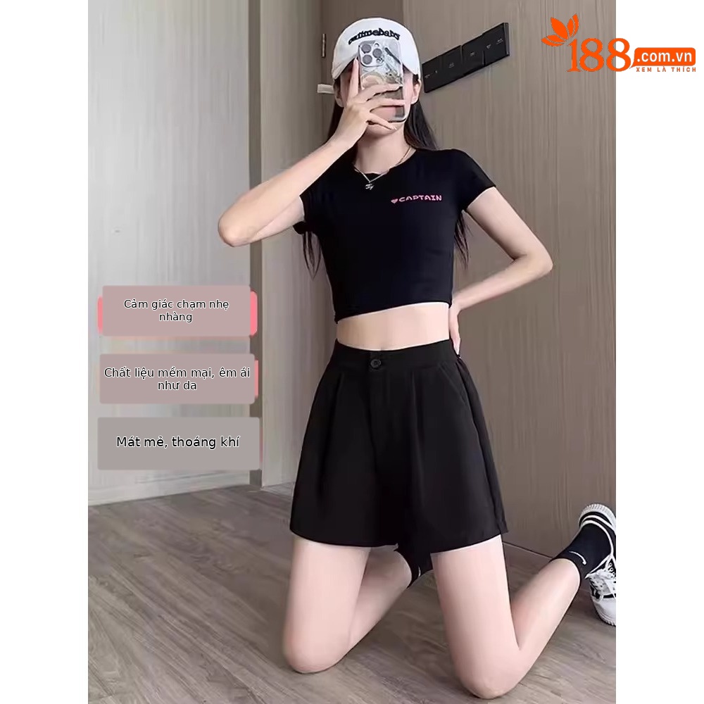 Quần short nữ cạp cao dáng chữ A ống rộng mùa hè — Màu đen (gửi thắt lưng xoắn khóa ngẫu nhiên)
