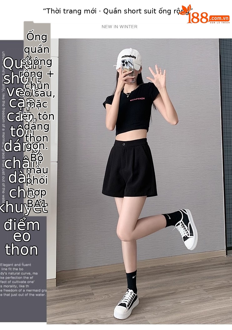 Quần short nữ cạp cao dáng chữ A ống rộng mùa hè — Màu đen (gửi thắt lưng xoắn khóa ngẫu nhiên) chi tiết 1