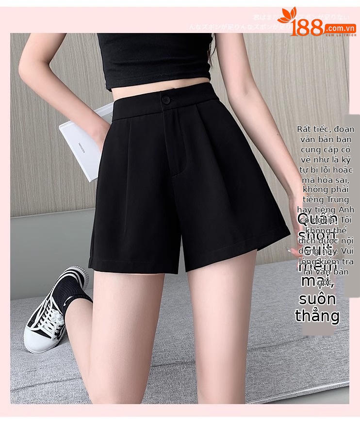 Quần short nữ cạp cao dáng chữ A ống rộng mùa hè — Màu đen (gửi thắt lưng xoắn khóa ngẫu nhiên) chi tiết 3