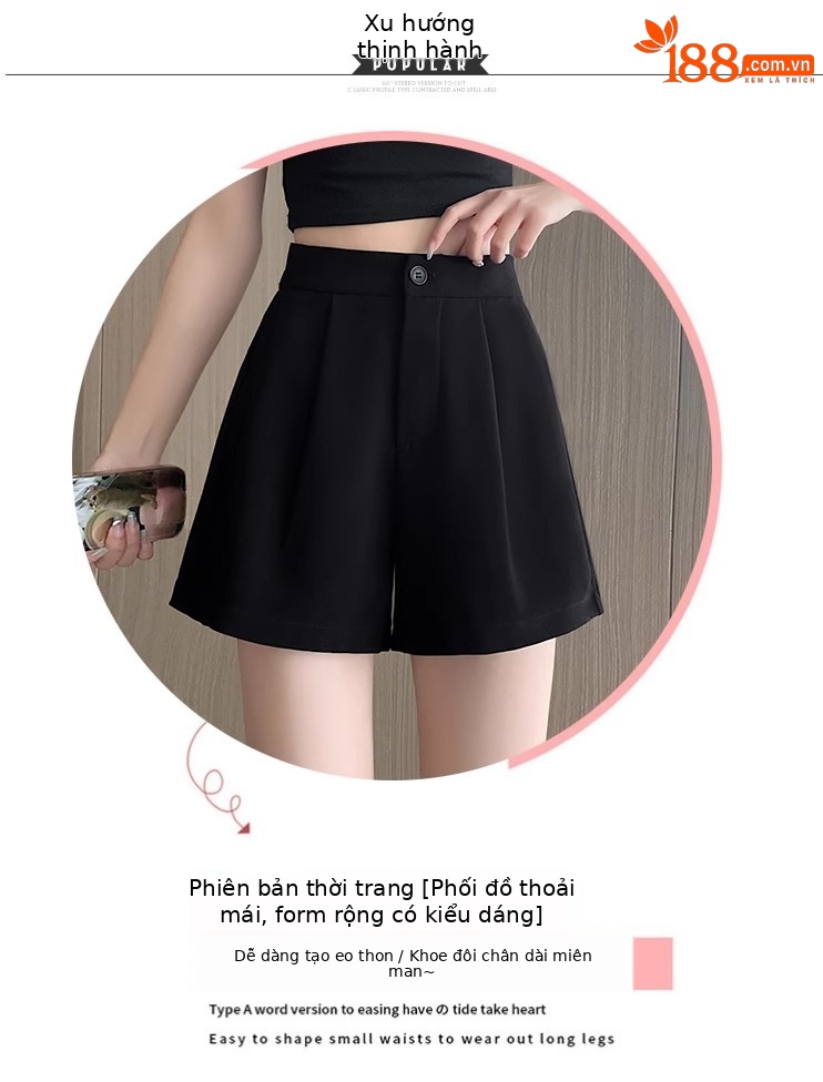 Quần short nữ cạp cao dáng chữ A ống rộng mùa hè — Màu đen (gửi thắt lưng xoắn khóa ngẫu nhiên) chi tiết 4