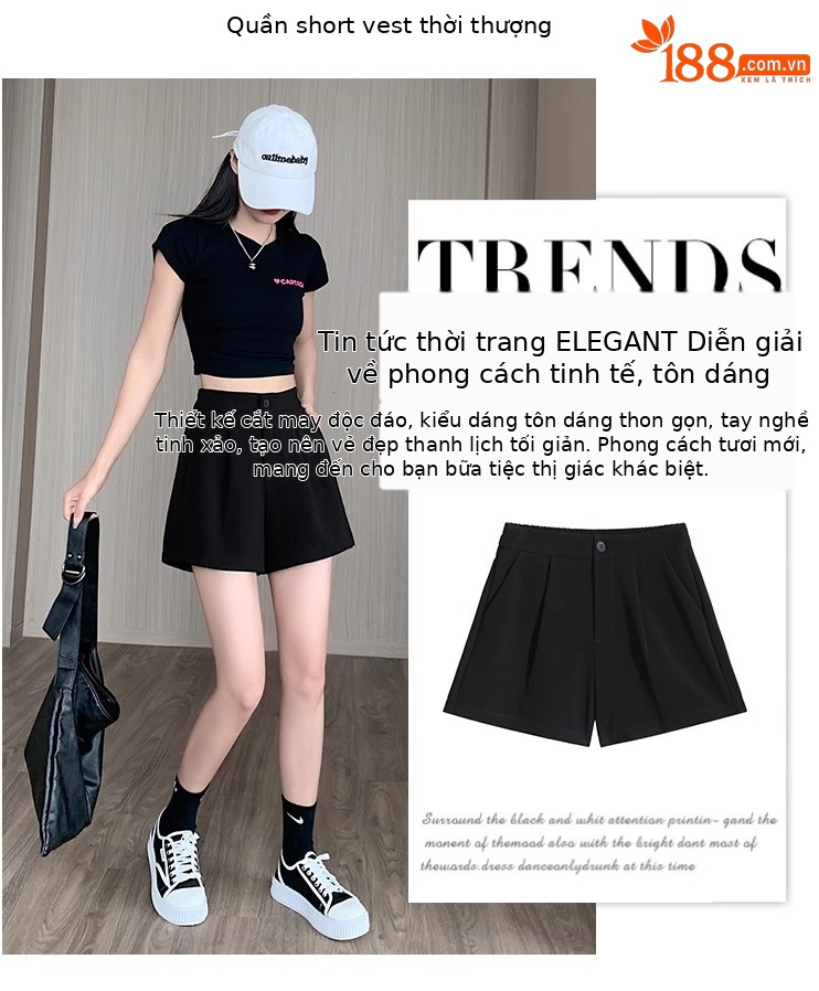 Quần short nữ cạp cao dáng chữ A ống rộng mùa hè — Màu đen (gửi thắt lưng xoắn khóa ngẫu nhiên) chi tiết 6