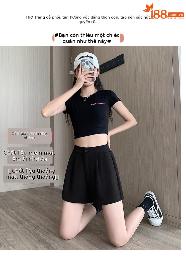 Quần short nữ cạp cao dáng chữ A ống rộng mùa hè — Màu đen (gửi thắt lưng xoắn khóa ngẫu nhiên) chi tiết 7