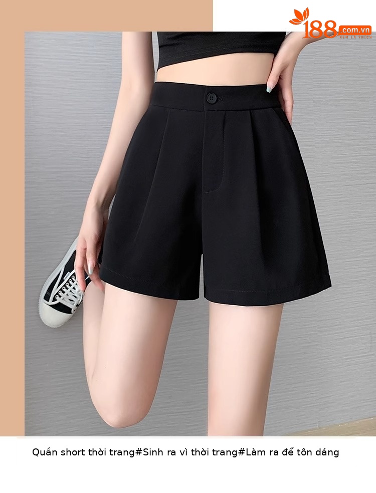 Quần short nữ cạp cao dáng chữ A ống rộng mùa hè — Màu đen (gửi thắt lưng xoắn khóa ngẫu nhiên) chi tiết 14