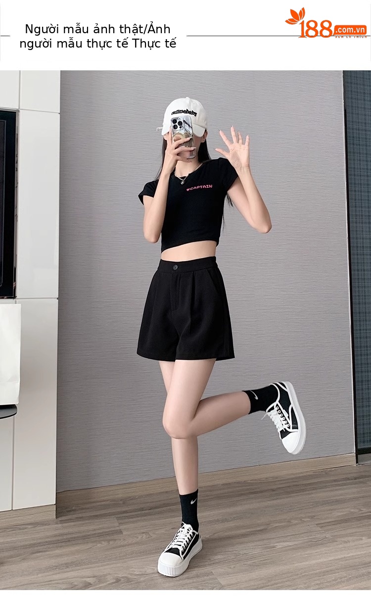 Quần short nữ cạp cao dáng chữ A ống rộng mùa hè — Màu đen (gửi thắt lưng xoắn khóa ngẫu nhiên) chi tiết 15
